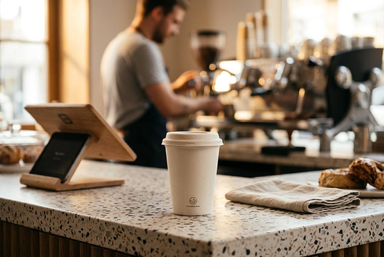 Coffee Shop Using Bagasse Coffee Cups for Sustainable Takeaway Beverage Service