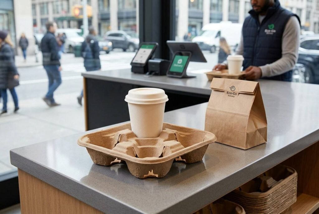 Food Delivery Service Using Bagasse Coffee Cups for Sustainable Beverage Packaging