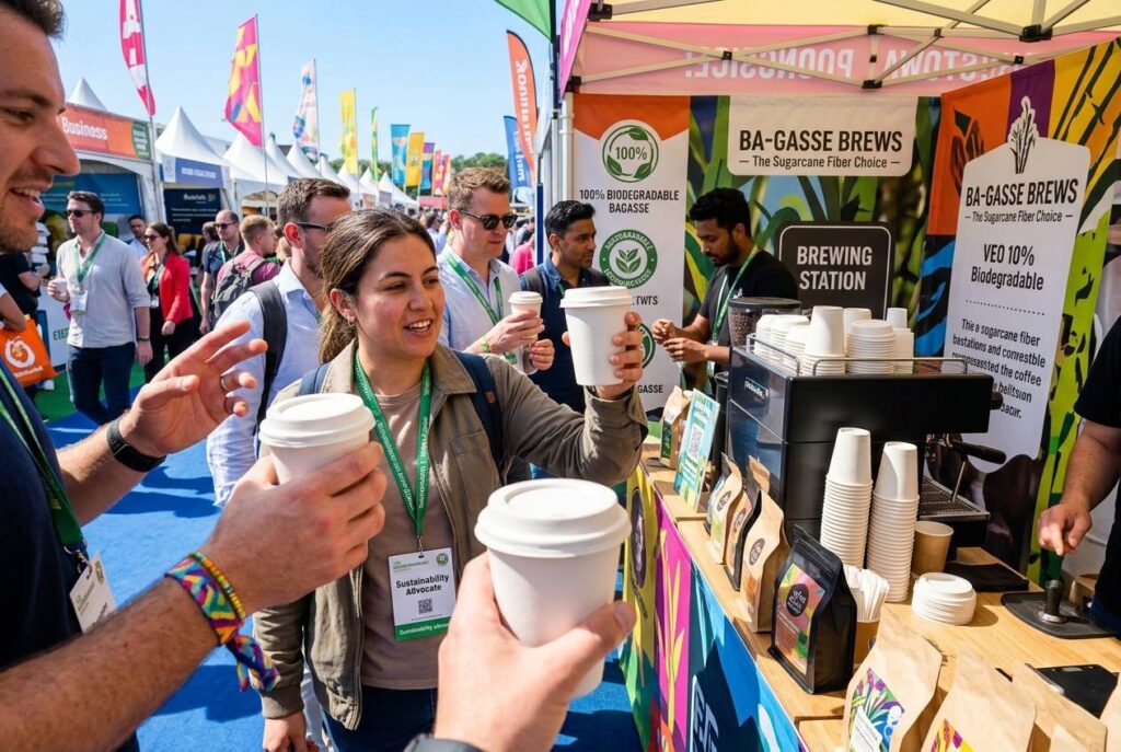 Sustainable Outdoor Exhibition Using White Bagasse Coffee Cups for Eco-Friendly Beverage Service