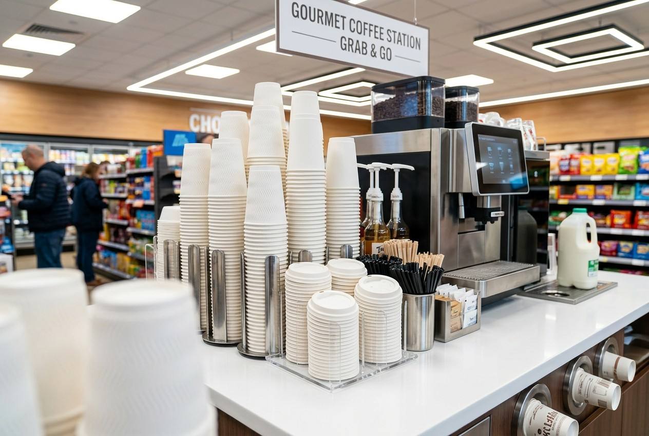 Convenience Store Beverage Station Using Organized Bagasse Coffee Cups for Sustainable Retail Service
