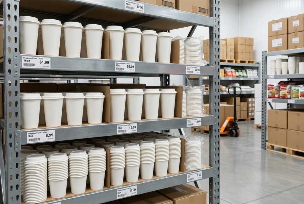 Wholesale Display of Multiple Bagasse Coffee Cup SKUs for Packaging Distributors