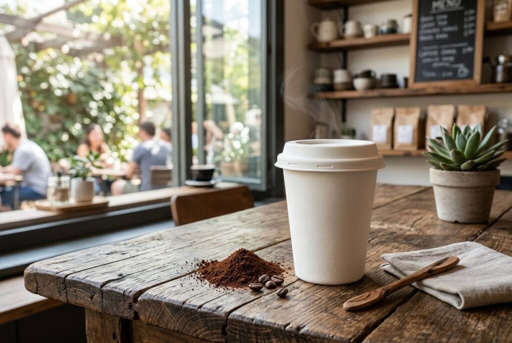 Independent Café Using Eco-Friendly White Bagasse Coffee Cups for Sustainable Beverage Service