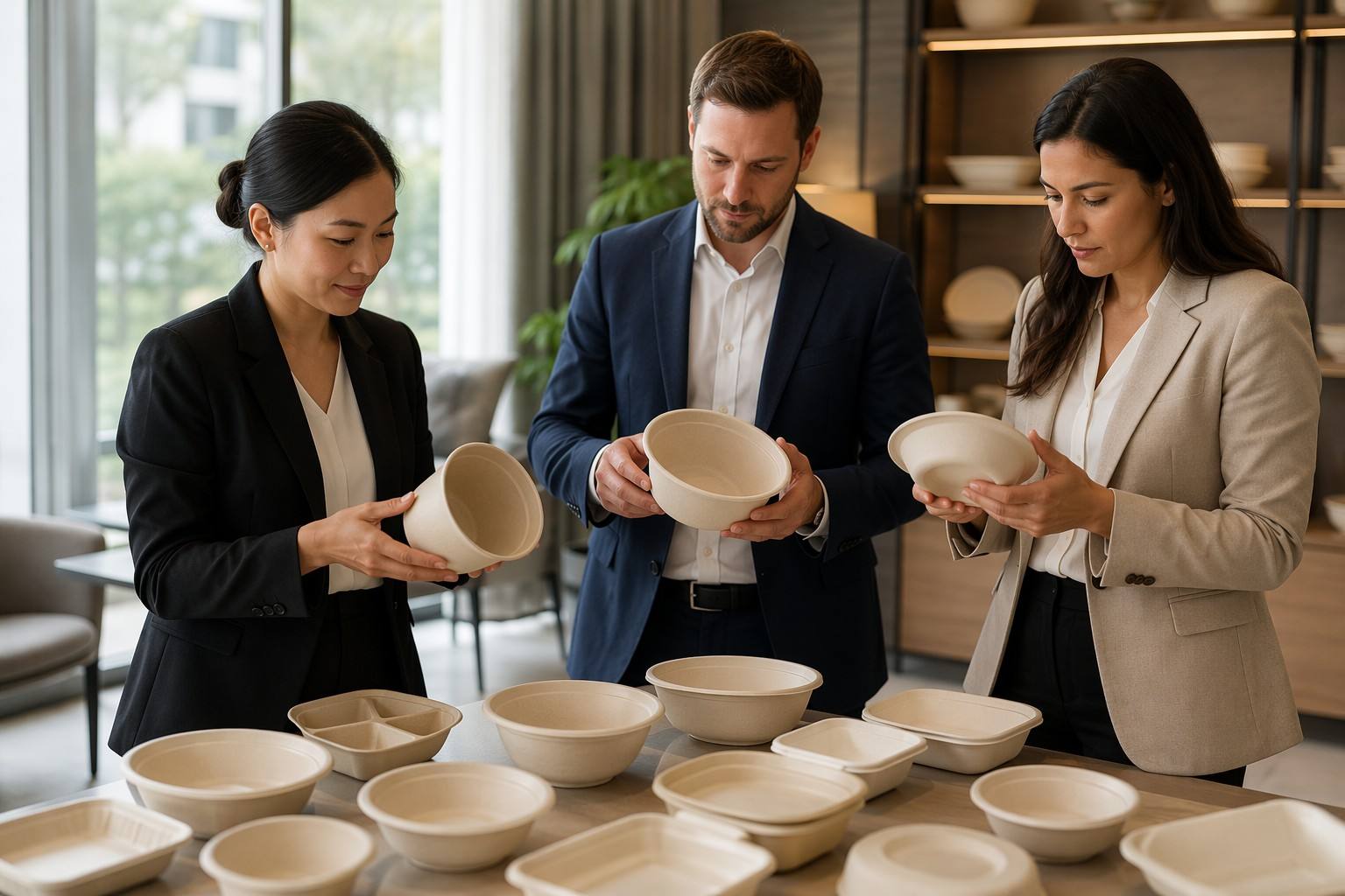 Hospitality Procurement Team Evaluating Bagasse Bowls