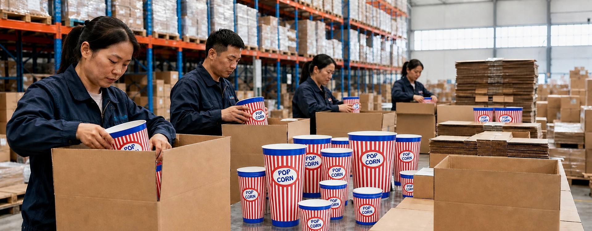 Custom Paper Cups for Popcorn Manufacturer Showing Multiple Sizes, Printing Quality, and Packaging Features