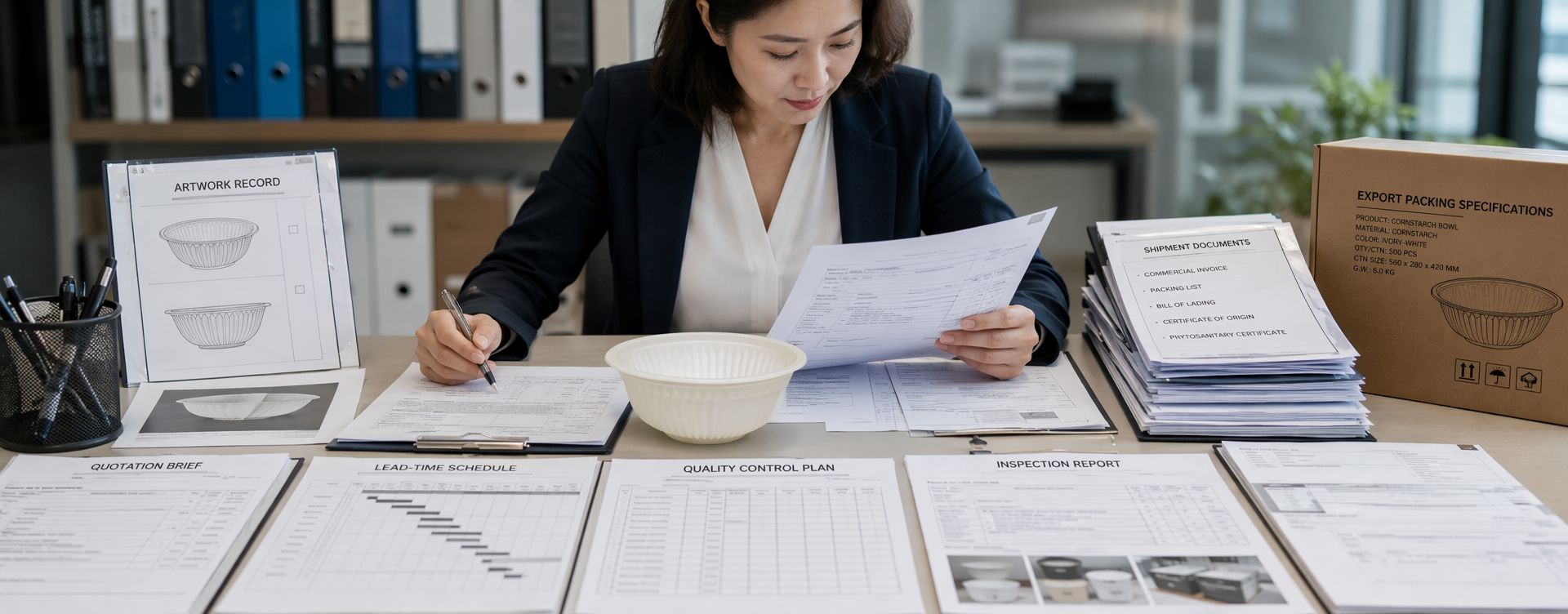 Cornstarch bowl procurement, production approval, and export documentation review