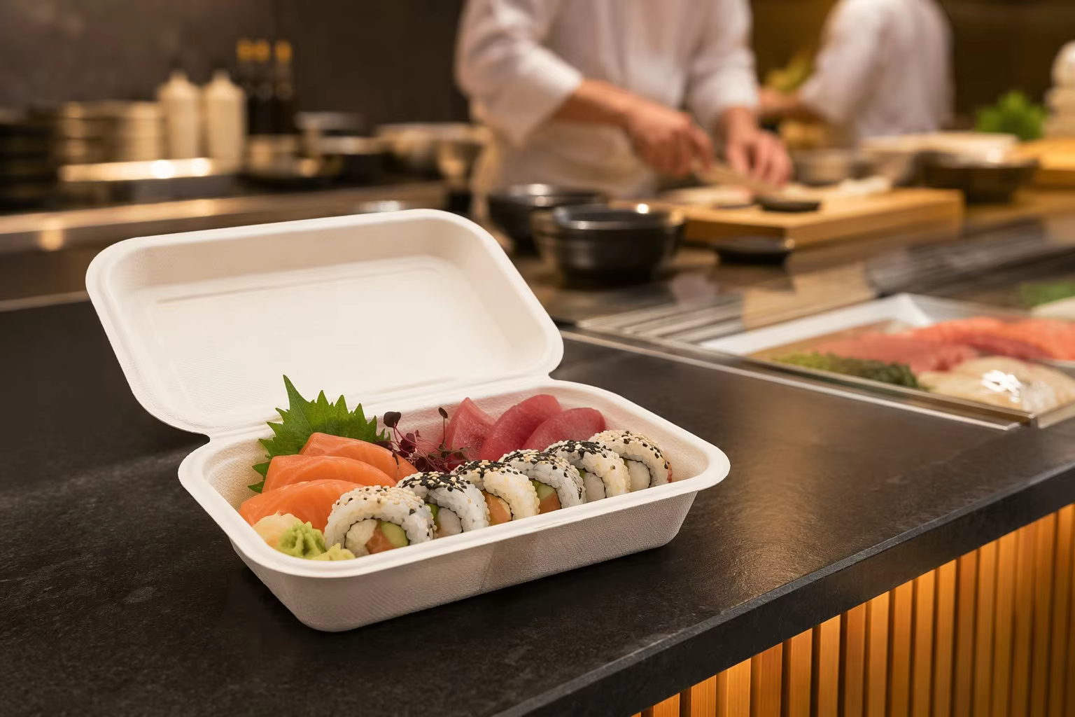 Bagasse Sushi Tray Used in Sushi Restaurant Takeaway Packaging