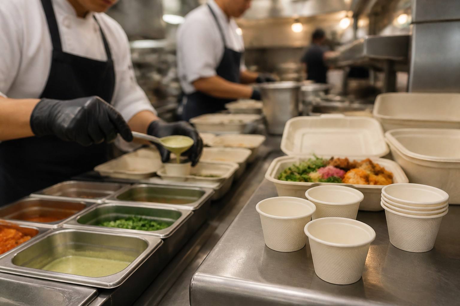 Restaurant Using Bagasse Sauce Cups for Sustainable Food Packaging