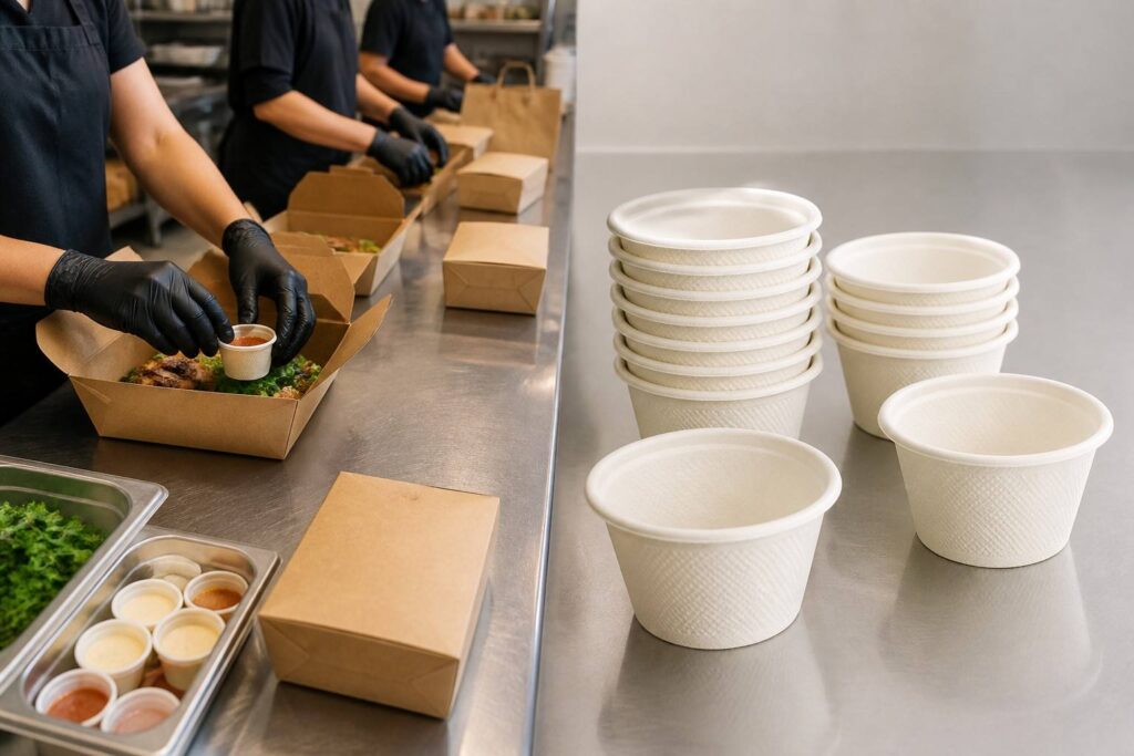Takeaway Food Delivery Using Sustainable Bagasse Sauce Cups