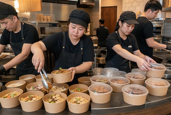Take Away Shop Serving Meals in Kraft Paper Bowls