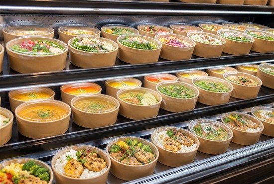 Supermarket Prepared-Food Display with Paper Bowls with Lids