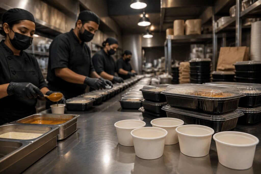 Cloud Kitchen Using Bagasse Sauce Cups for Sustainable Takeaway Food Packaging