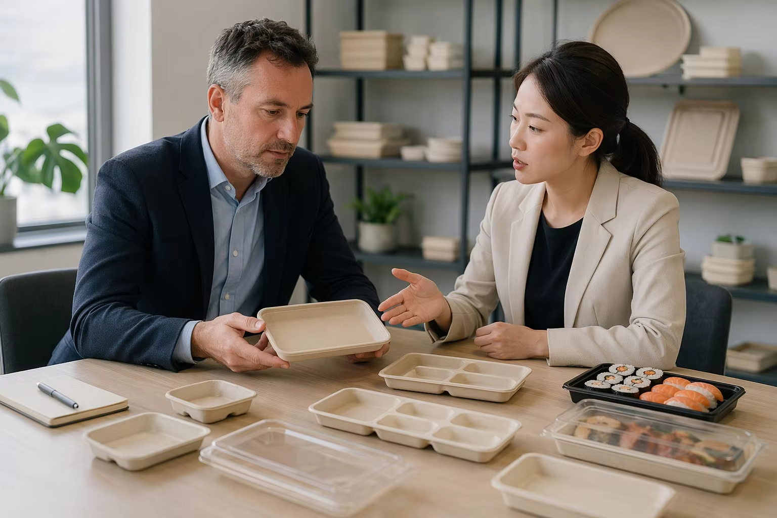 Importer Evaluating Bagasse Sushi Tray Samples