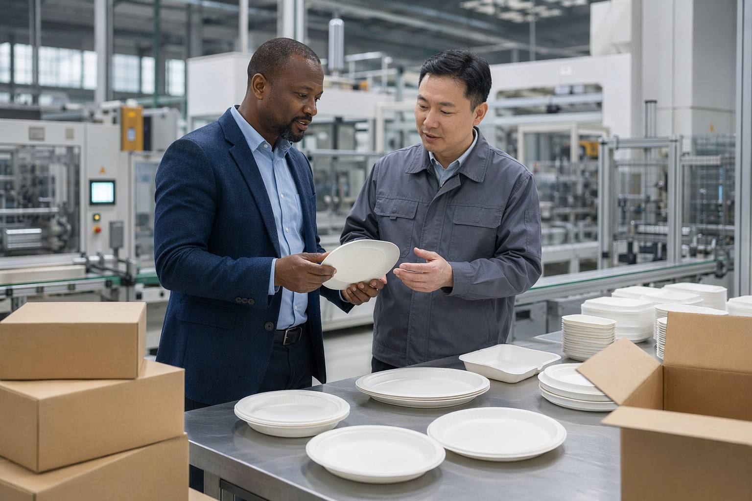 Importer Reviewing Bagasse Plates Samples