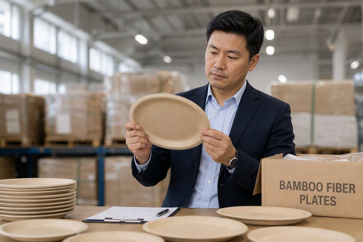 Importer Reviewing Bamboo Fibre Plate Samples