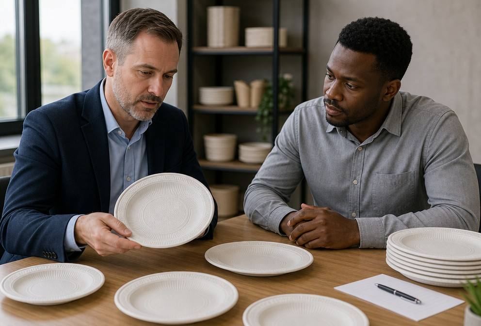 Importer Reviewing Cornstarch Disposable Plate Samples