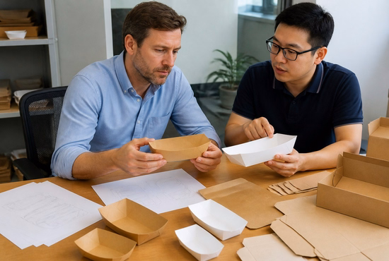 Importer Reviewing Paper Boat Tray Samples and Specifications