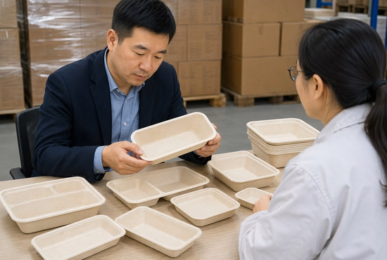 Importer Reviewing Sugarcane Tray Samples