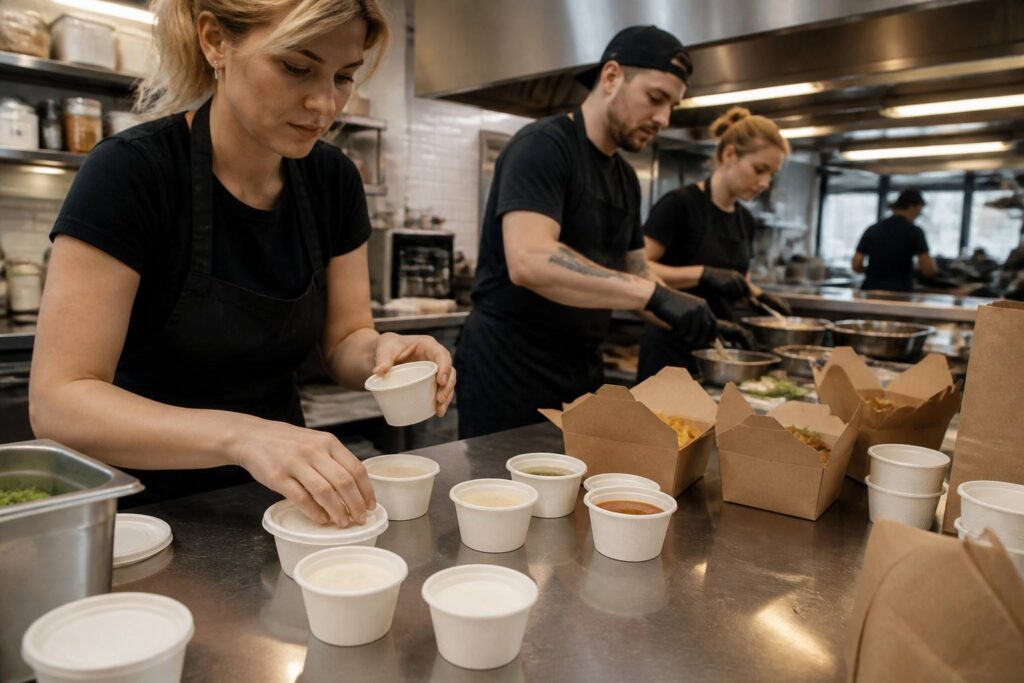 Quick Service Restaurant Using Bagasse Sauce Cups for Foodservice Operations