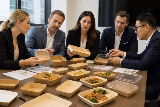 Restaurant Brand Team Evaluating Paper Food Tray Packaging