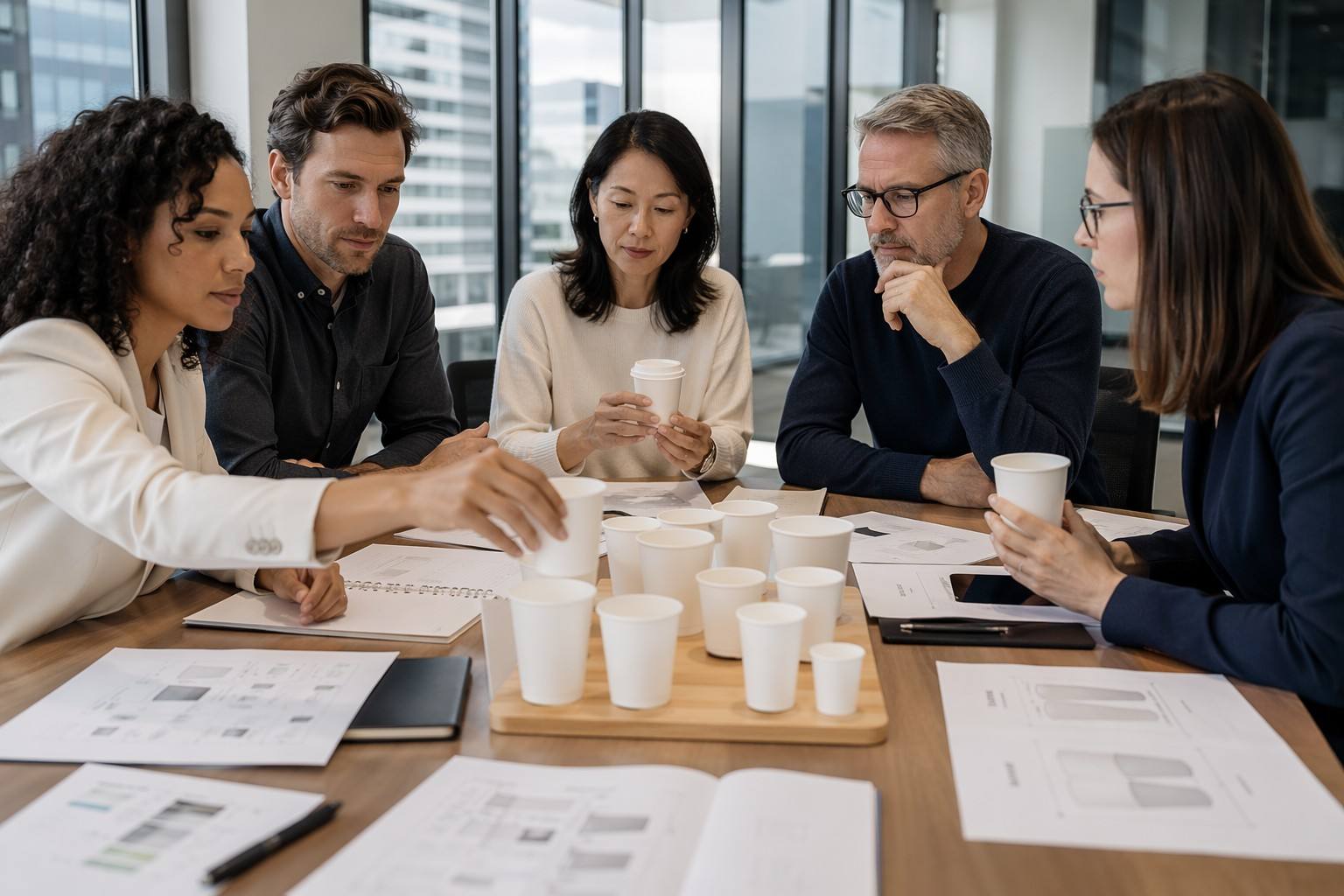 Coffee Chain Procurement Team Reviewing Custom Paper Cups