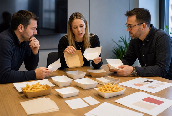 Restaurant Chain Procurement Team Reviewing Paper Boat Trays