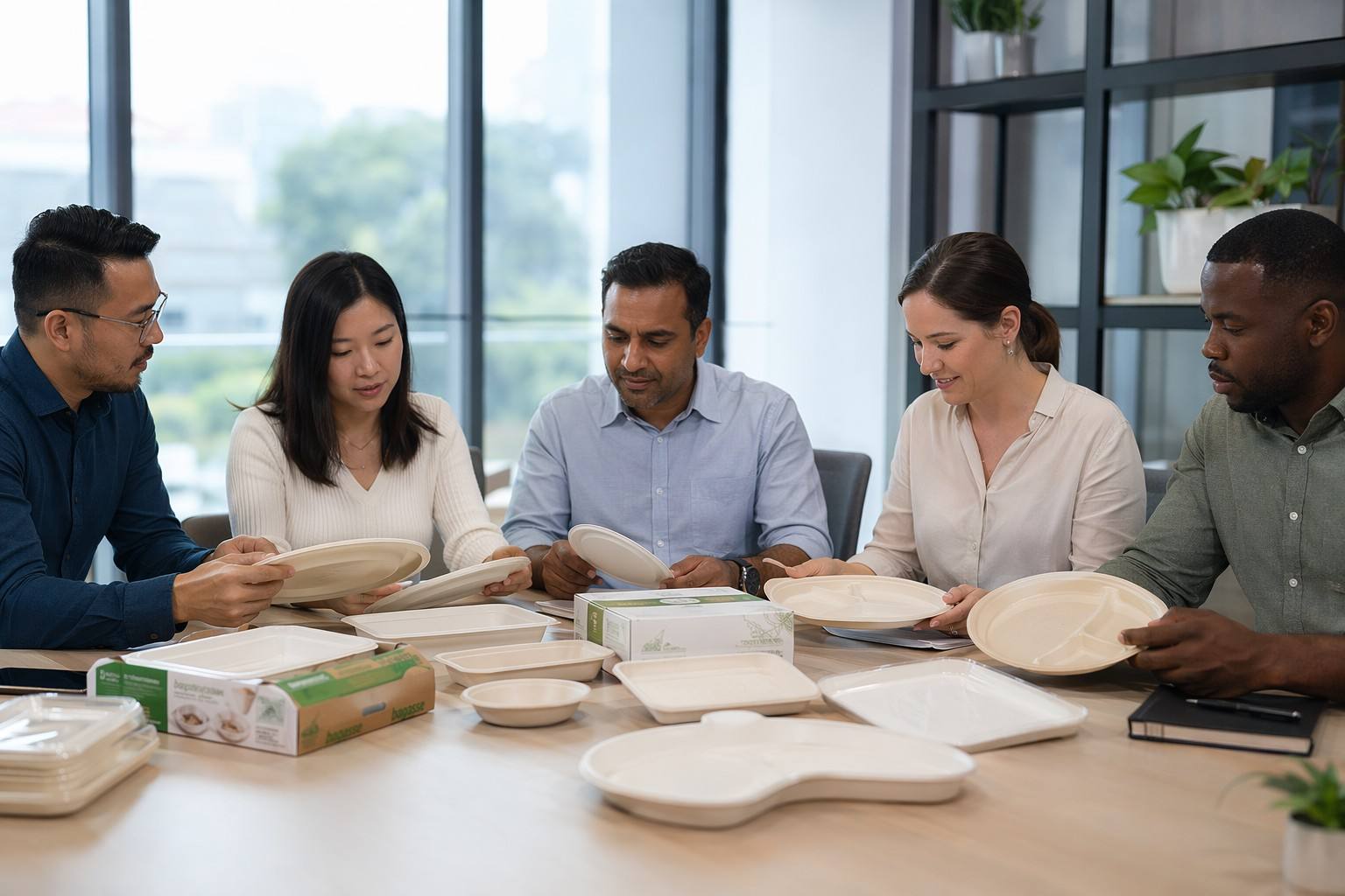 Restaurant Procurement Team Reviewing Bagasse Plates