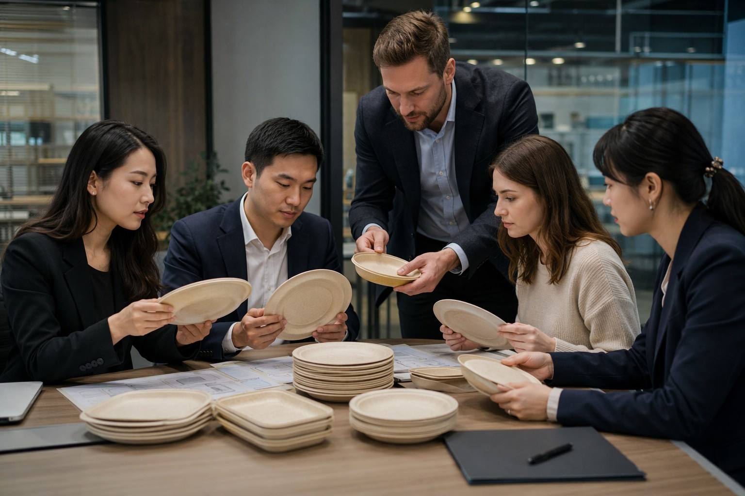 Restaurant Procurement Team Reviewing Bamboo Paper Plates