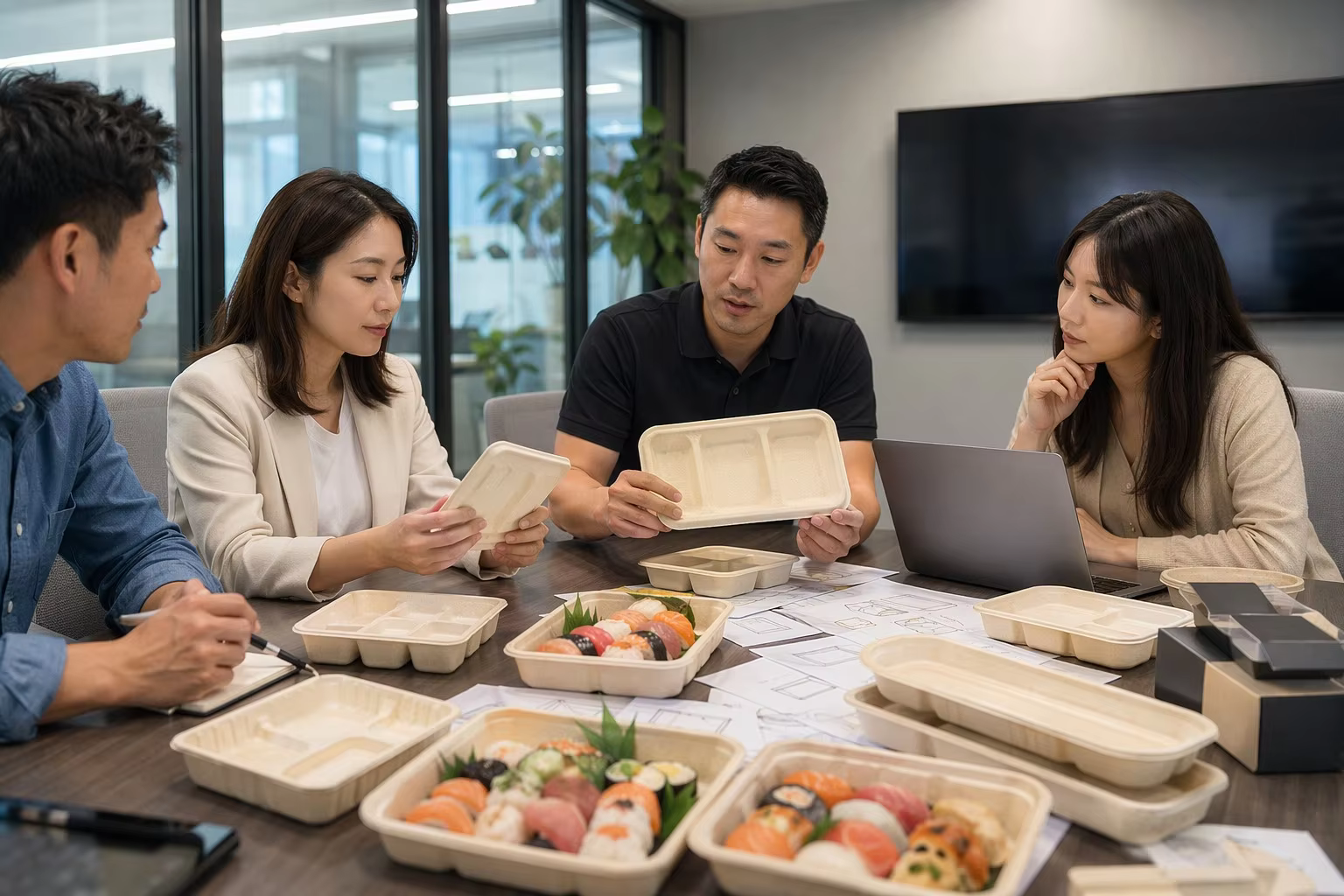 Sushi Restaurant Chain Reviewing Custom Bagasse Sushi Tray Packaging