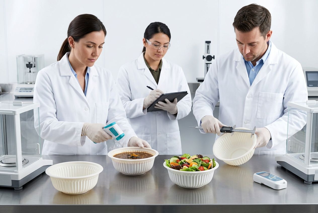 Foodservice team testing cornstarch bowls with real meals