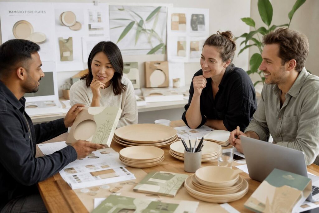 Brand Owner Reviewing Custom Bamboo Fibre Plate Packaging