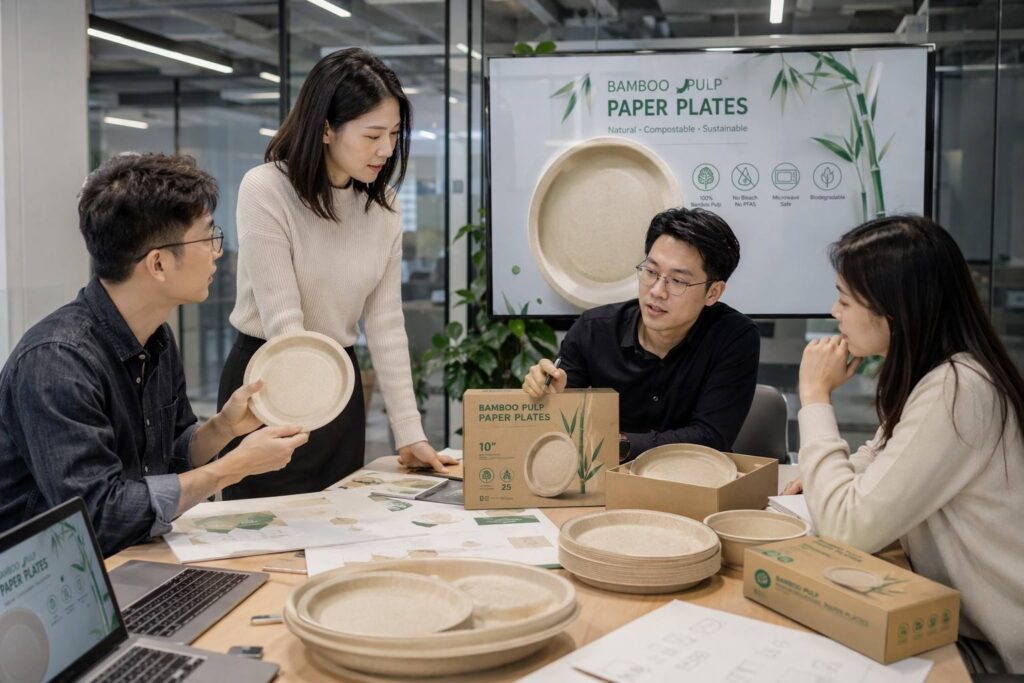 Brand Owner Reviewing Custom Bamboo Paper Plates