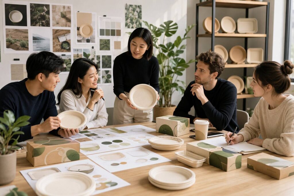 Brand Owner Reviewing Custom Compostable Paper Plates Designs