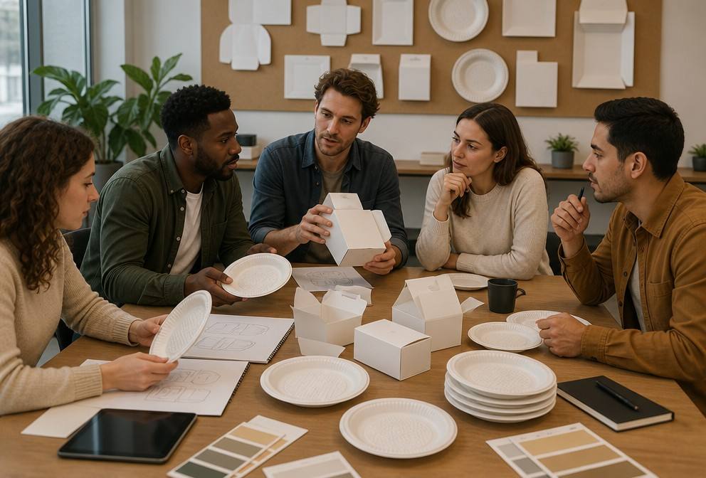 Brand Owner Reviewing Custom Cornstarch Disposable Plate Packaging