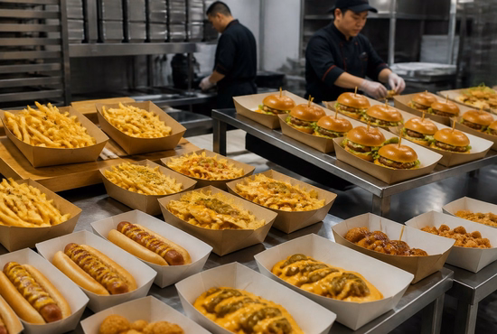 Catering Company Using Paper Boat Trays for Event Food Service