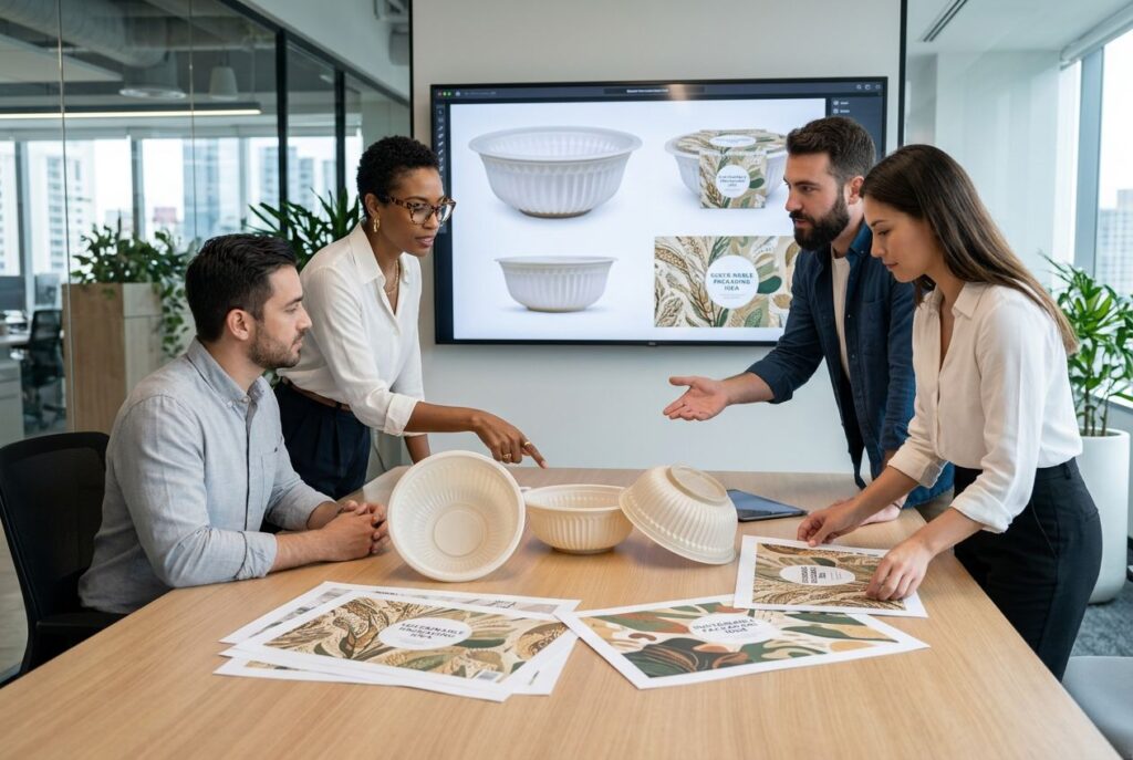 Brand team reviewing custom cornstarch bowl packaging
