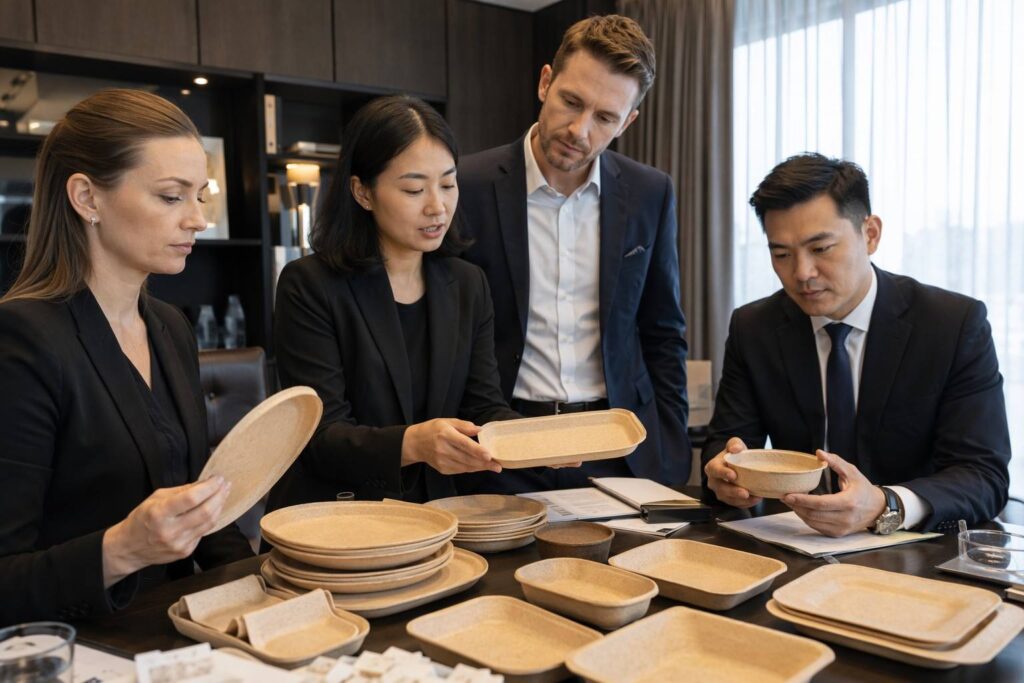 Hospitality Procurement Team Evaluating Bamboo Fibre Plates