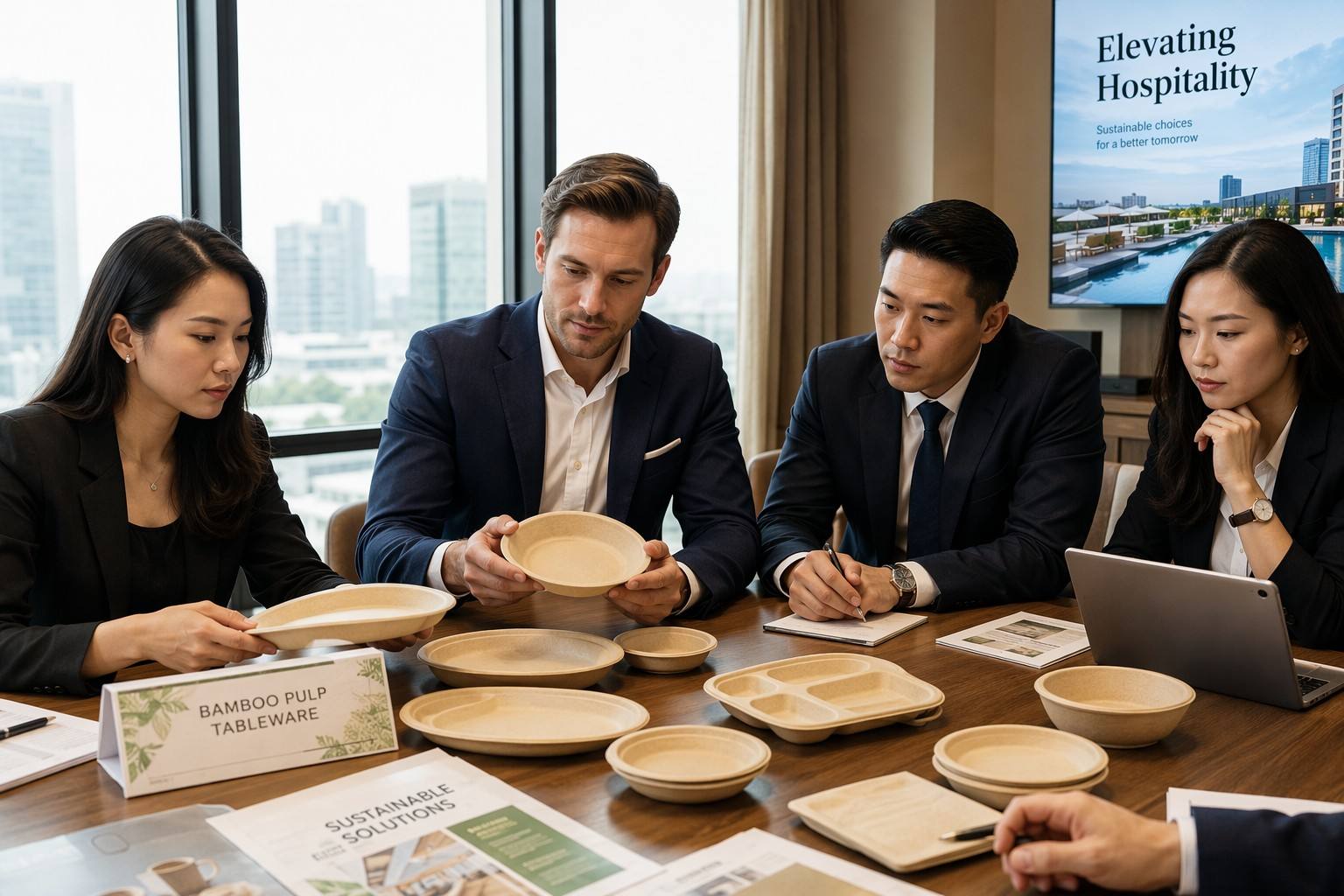 Hospitality Procurement Team Evaluating Bamboo Paper Plates