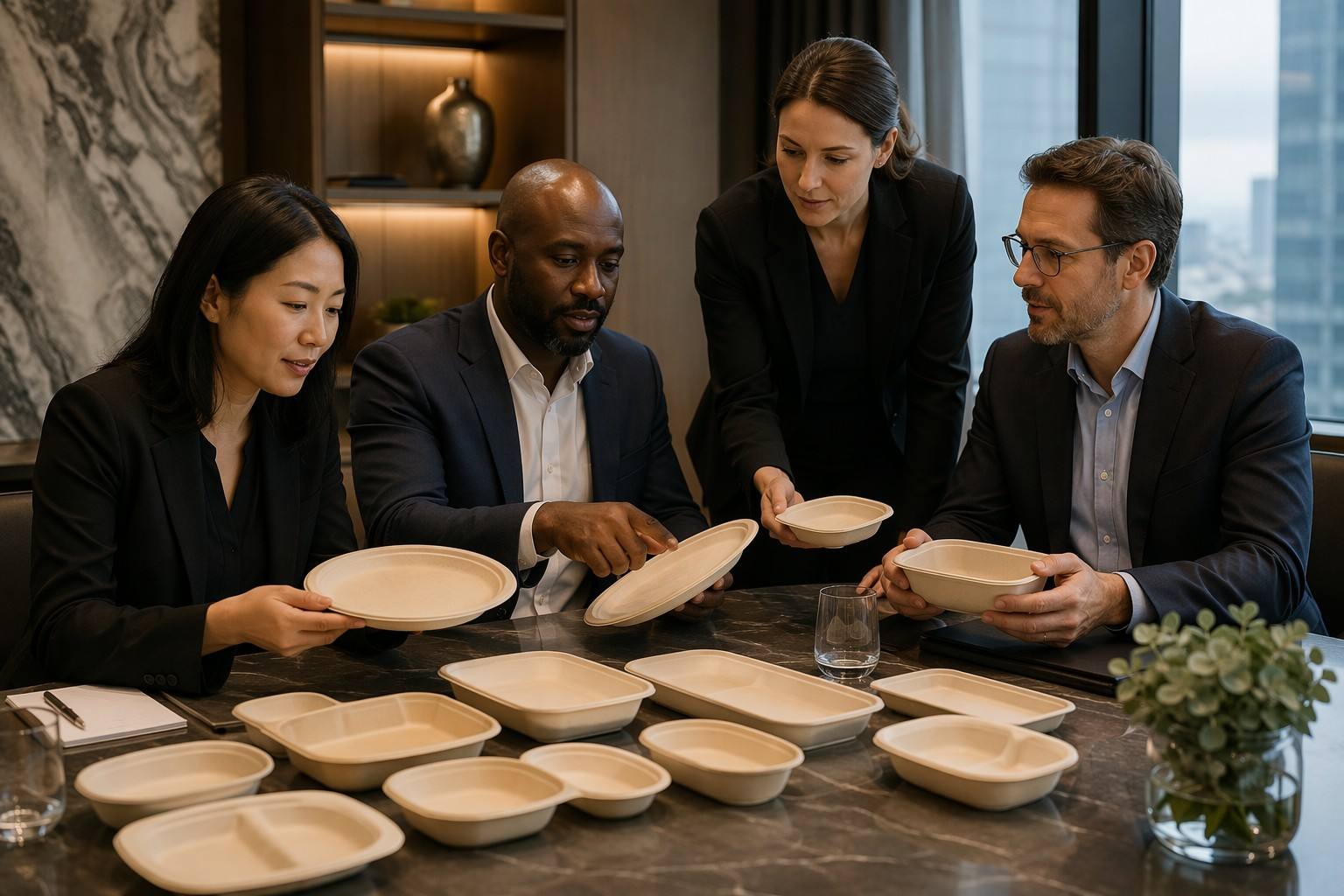 Hospitality Procurement Team Evaluating Compostable Paper Plates