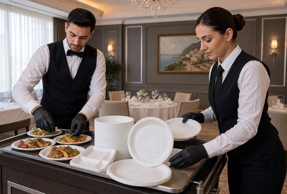 Hospitality Team Evaluating Cornstarch Disposable Plates