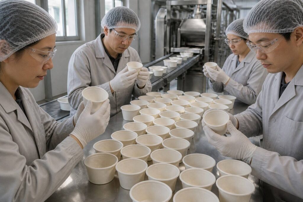 Quality Inspection of Bagasse Sauce Cups Before Packaging