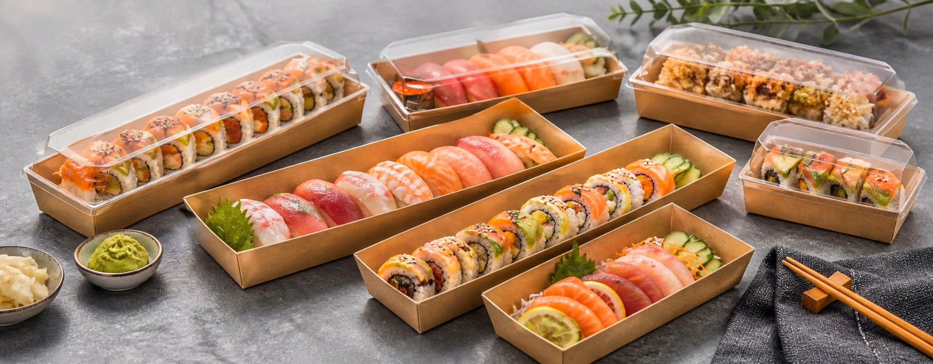 Custom Paper Sushi Tray for Takeaway, Delivery, and Retail Display