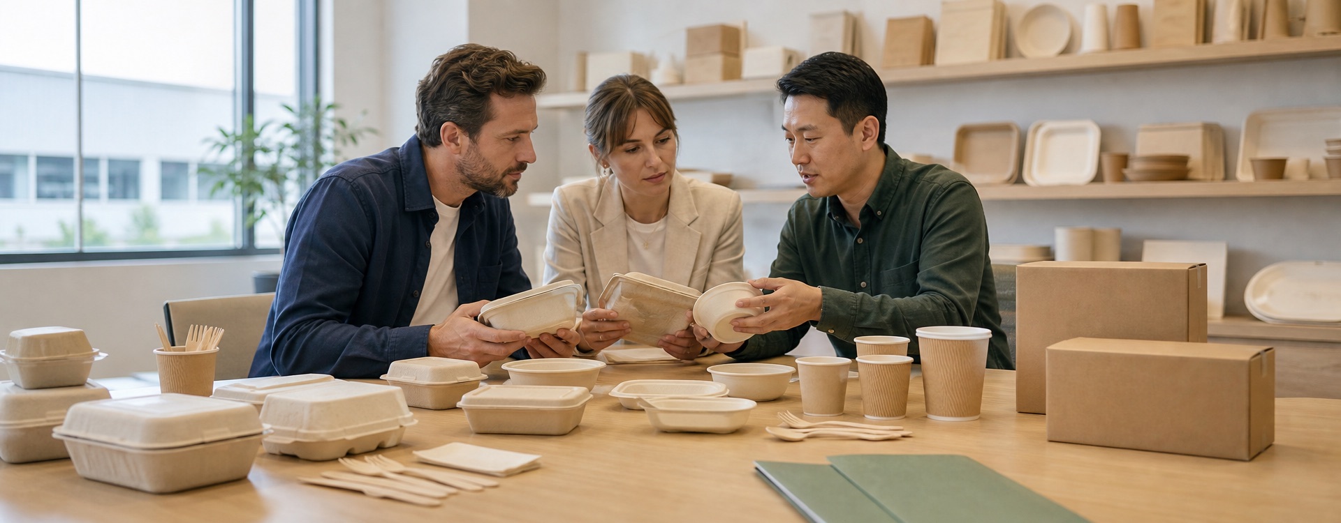Buyers and supplier reviewing eco-friendly food packaging samples during a sourcing meeting in China