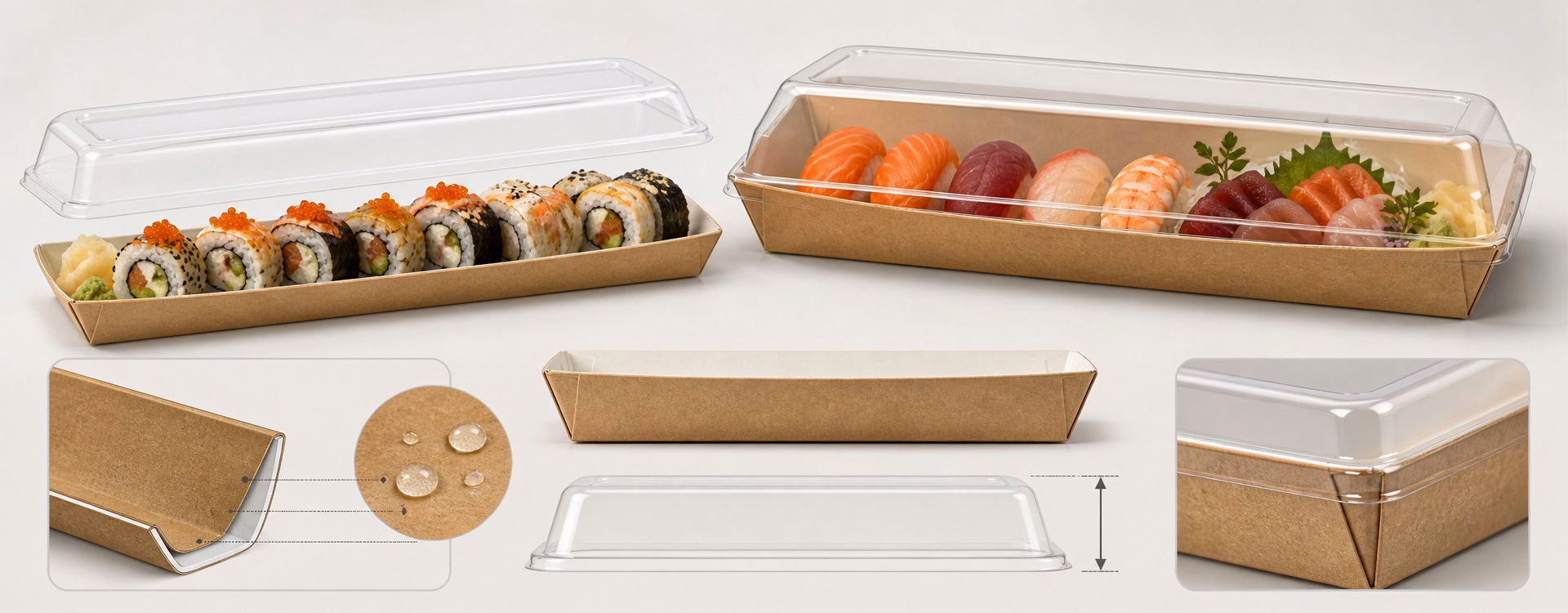 Paper Sushi Tray Structure, Paperboard Base, and Compatible Clear-Lid System