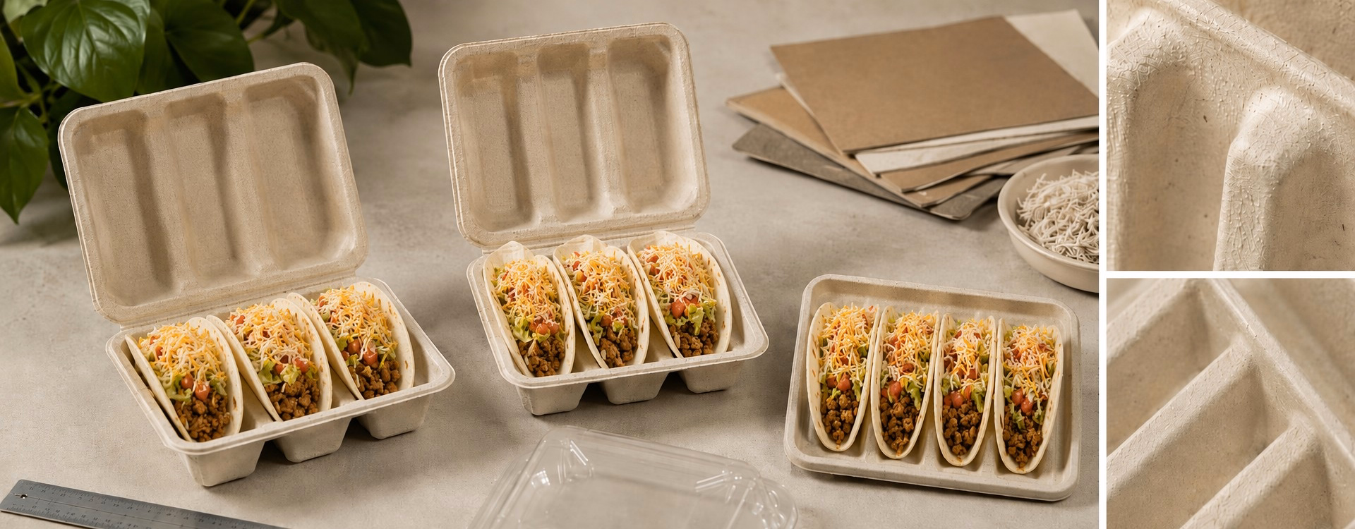 Taco to Go Container Structure and Sugarcane Bagasse Fiber Features