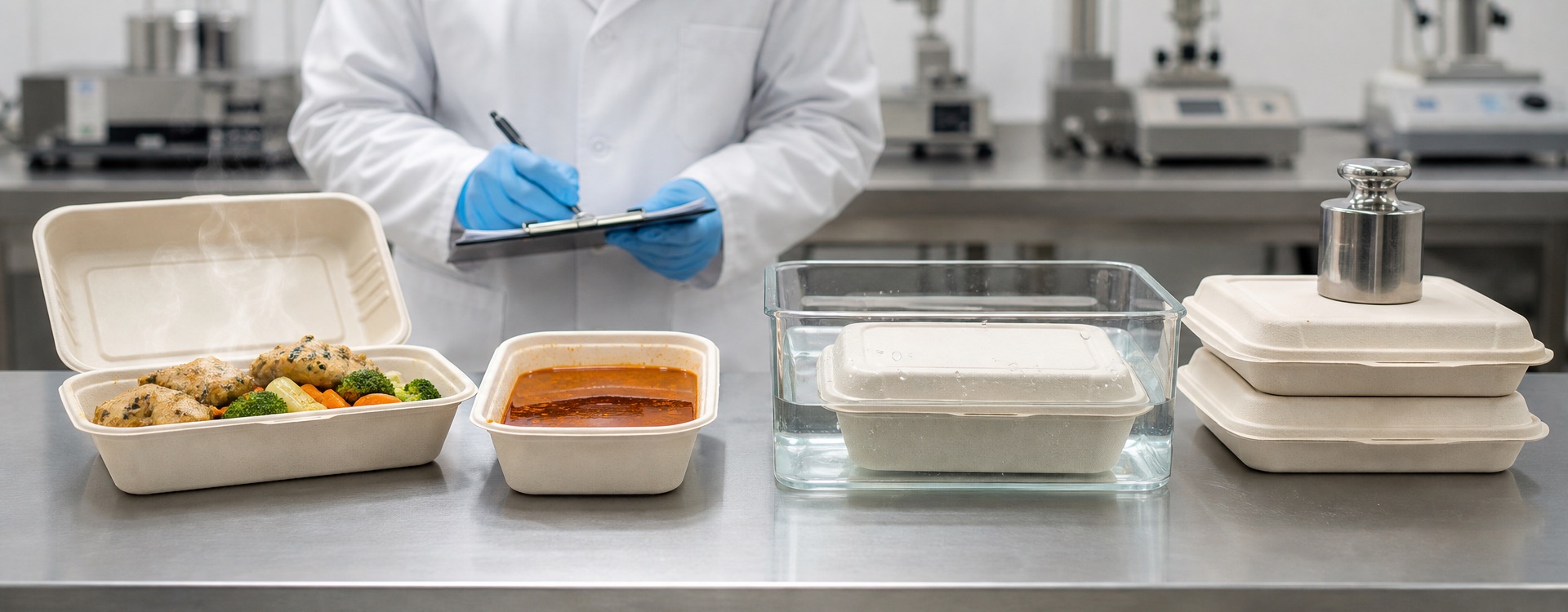 Molded fiber food containers undergoing heat, water, oil and load resistance testing in a laboratory
