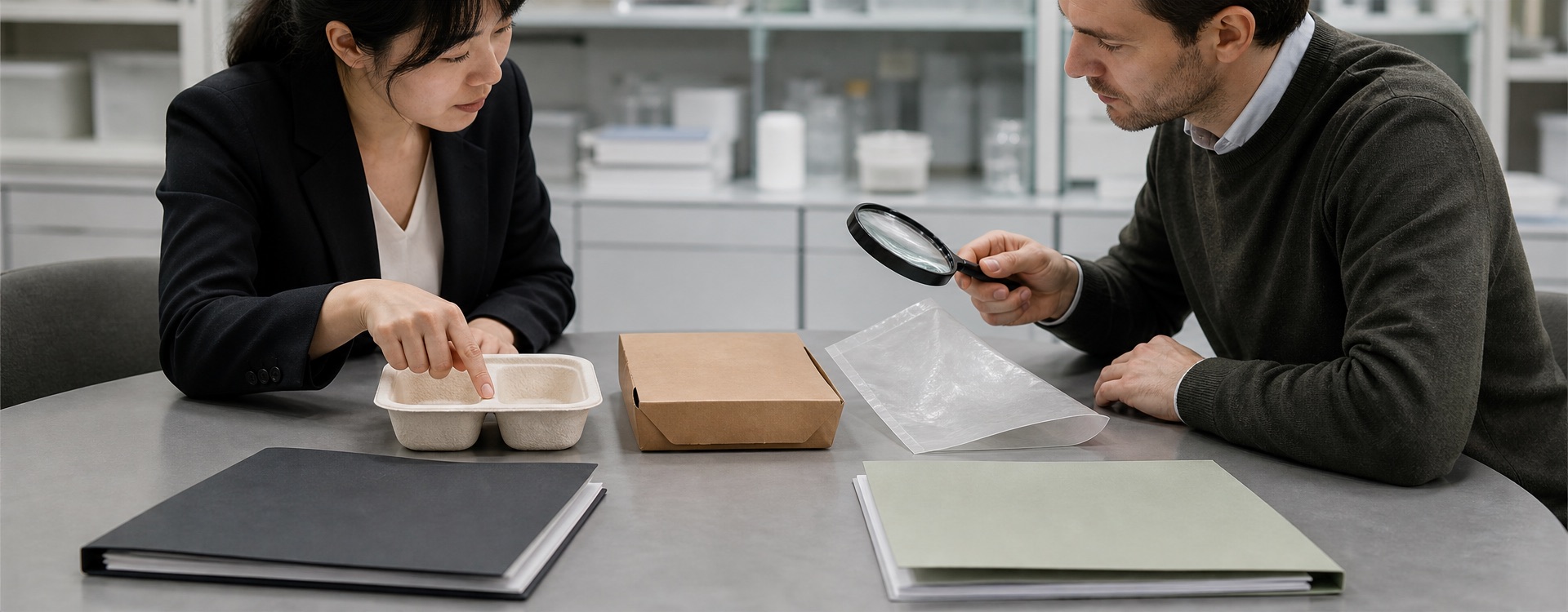 Buyer and packaging specialist comparing compostable materials and compliance documents for food packaging