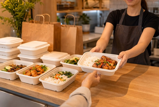 Rectangular White Bagasse Trays for Takeaway Meal Service