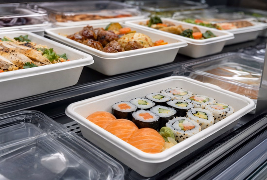 Rectangular White Bagasse Trays for Sushi and Ready Meal Packaging