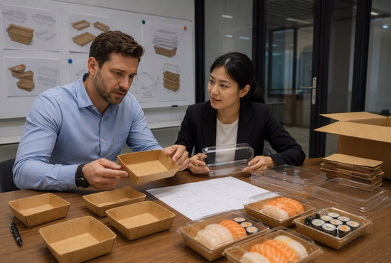 Importer Reviewing Paper Sushi Tray Samples and Specifications