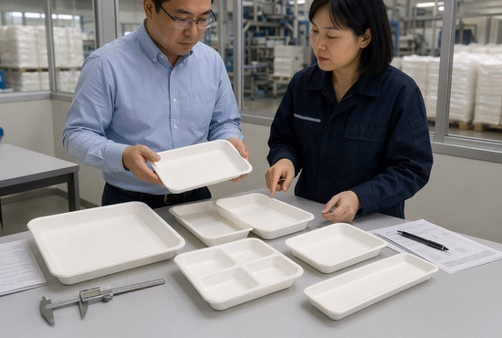 Importer Reviewing Rectangular White Bagasse Tray Samples